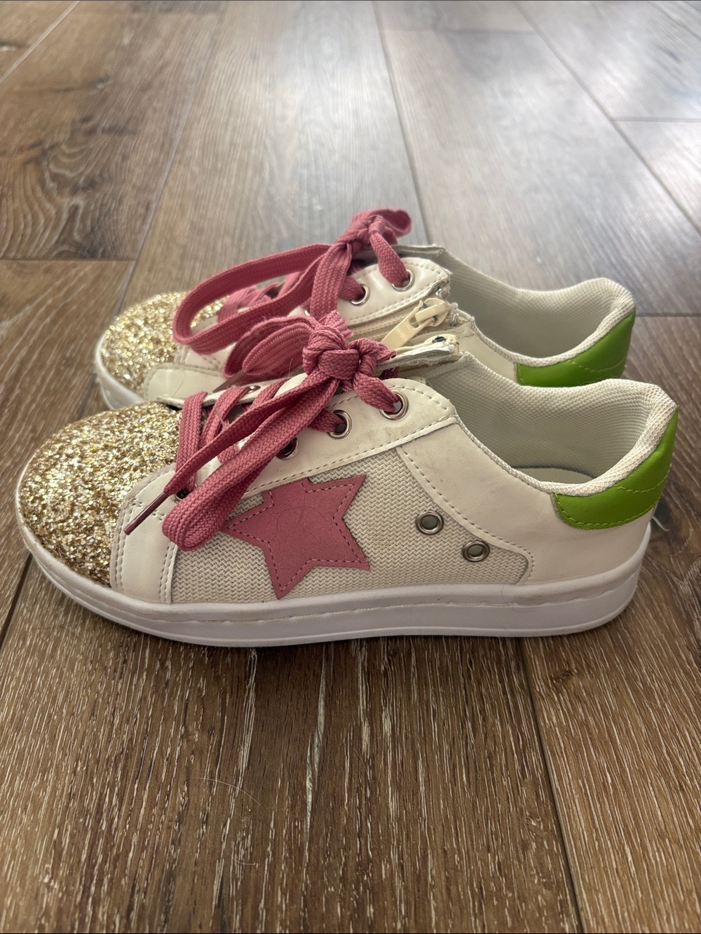 Lola + The Boys White Sneakers with Gold Glitter Toes and Pink Laces